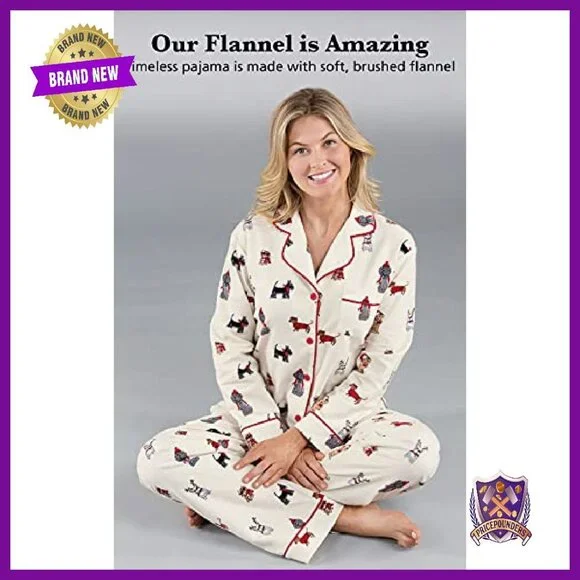 Women's Flannel Pajama Set Long Sleeve Button Down Top Elastic Waist Pants - Picture 5 of 8